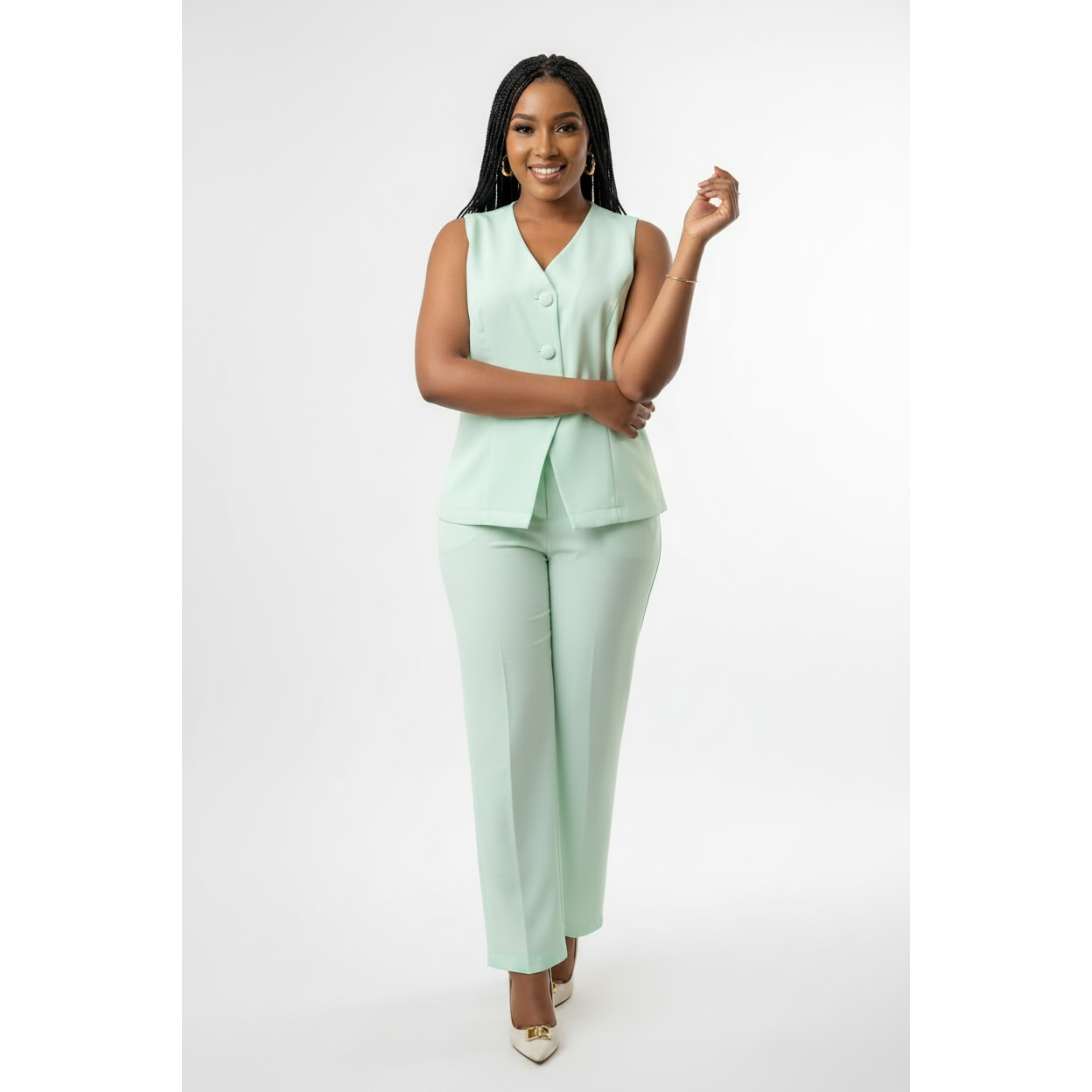 Women's Sleeveless Button-Front Vest & Wide-Leg Pants Set