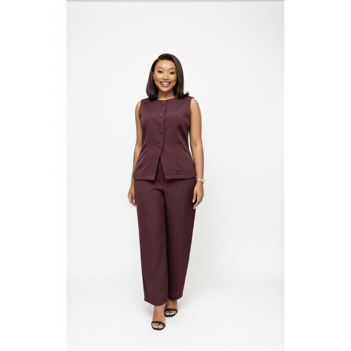Women's Sleeveless Button-Front Vest & Wide-Leg Pants Set