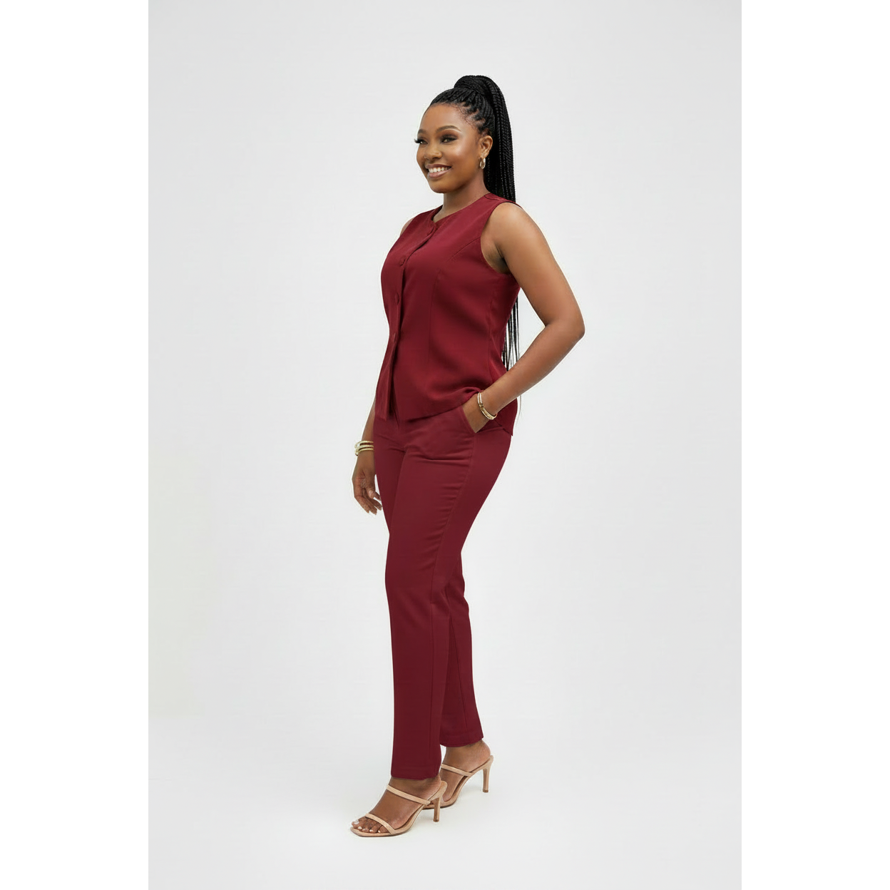 Women's Sleeveless Button-Front Vest & Wide-Leg Pants Set