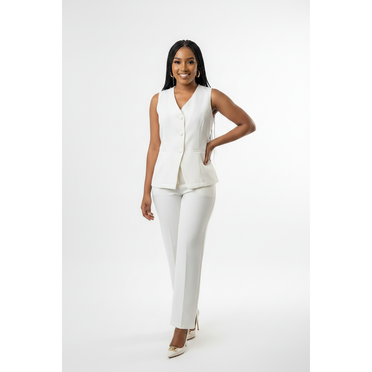 Women's Sleeveless Button-Front Vest & Wide-Leg Pants Set
