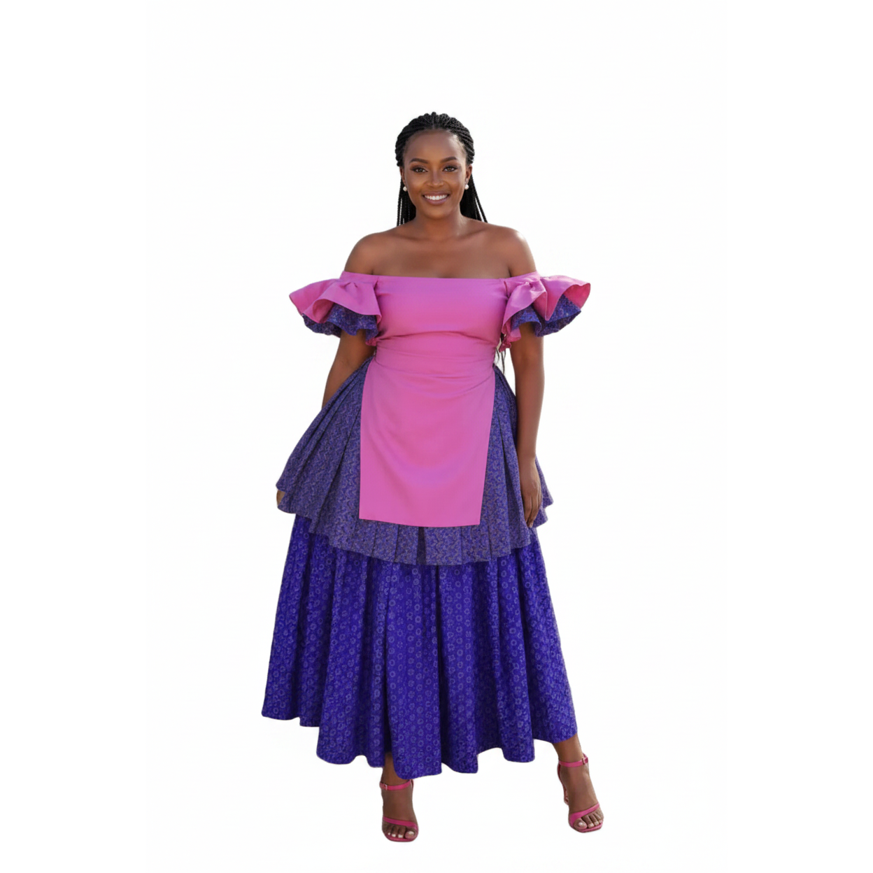 Multi-Tiered Off-Shoulder Ruffled Traditional Dress – Pink & Purple