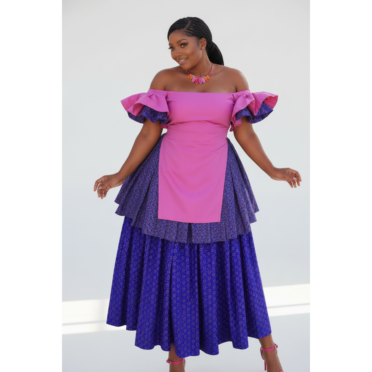 Multi-Tiered Off-Shoulder Ruffled Traditional Dress – Pink & Purple