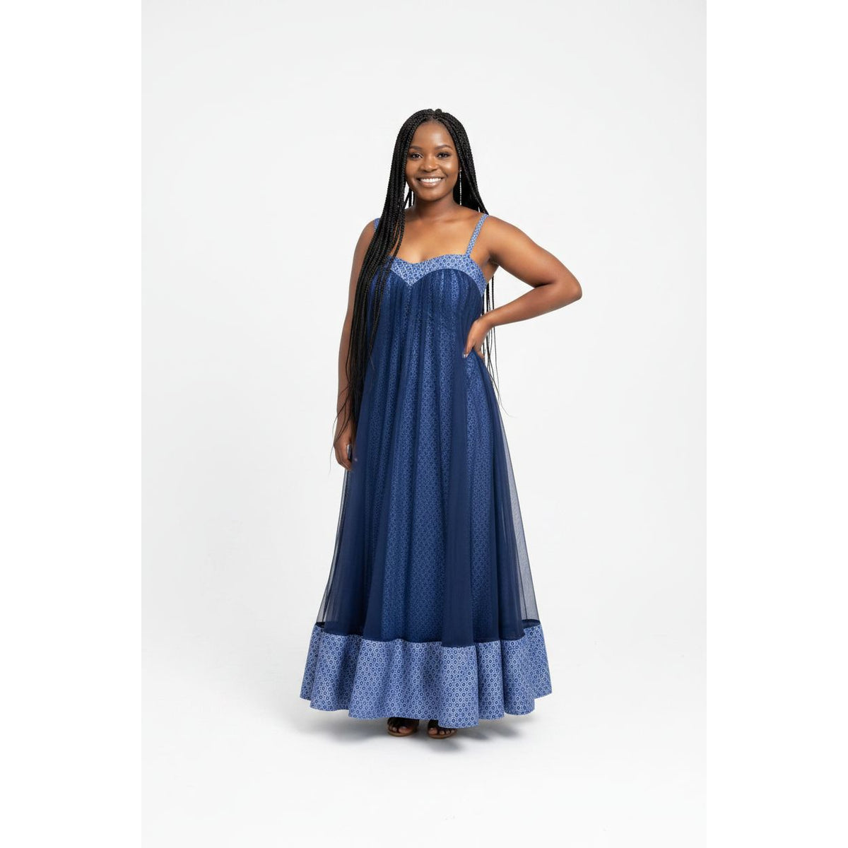 Sheer Overlay Flowy Blue Shweshwe Print Traditional Dress
