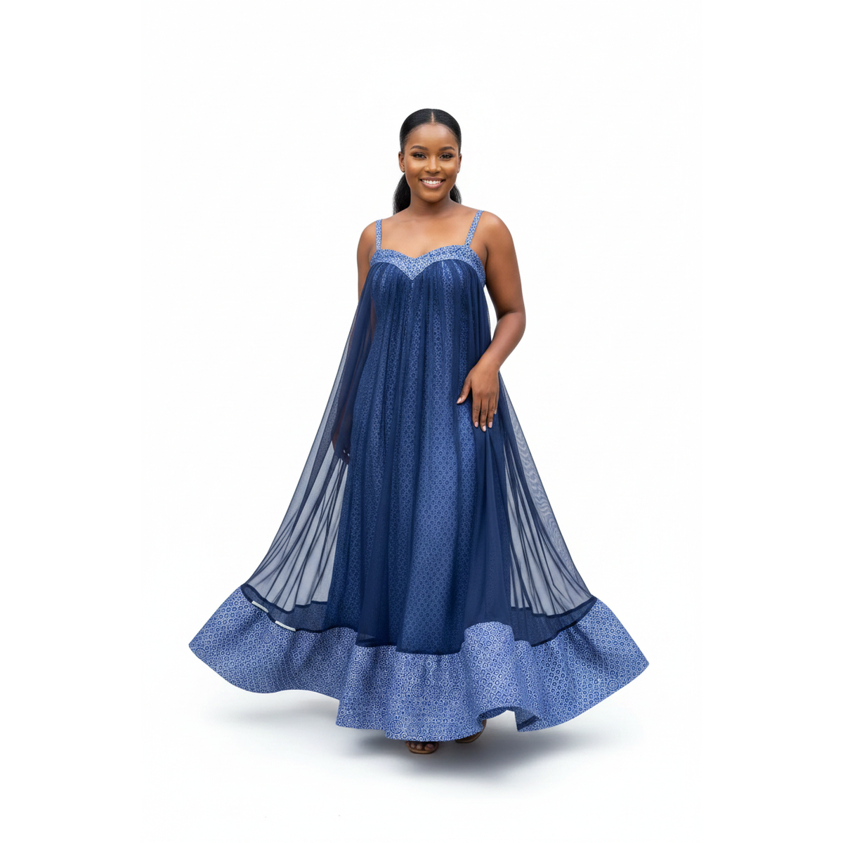 Sheer Overlay Flowy Blue Shweshwe Print Traditional Dress