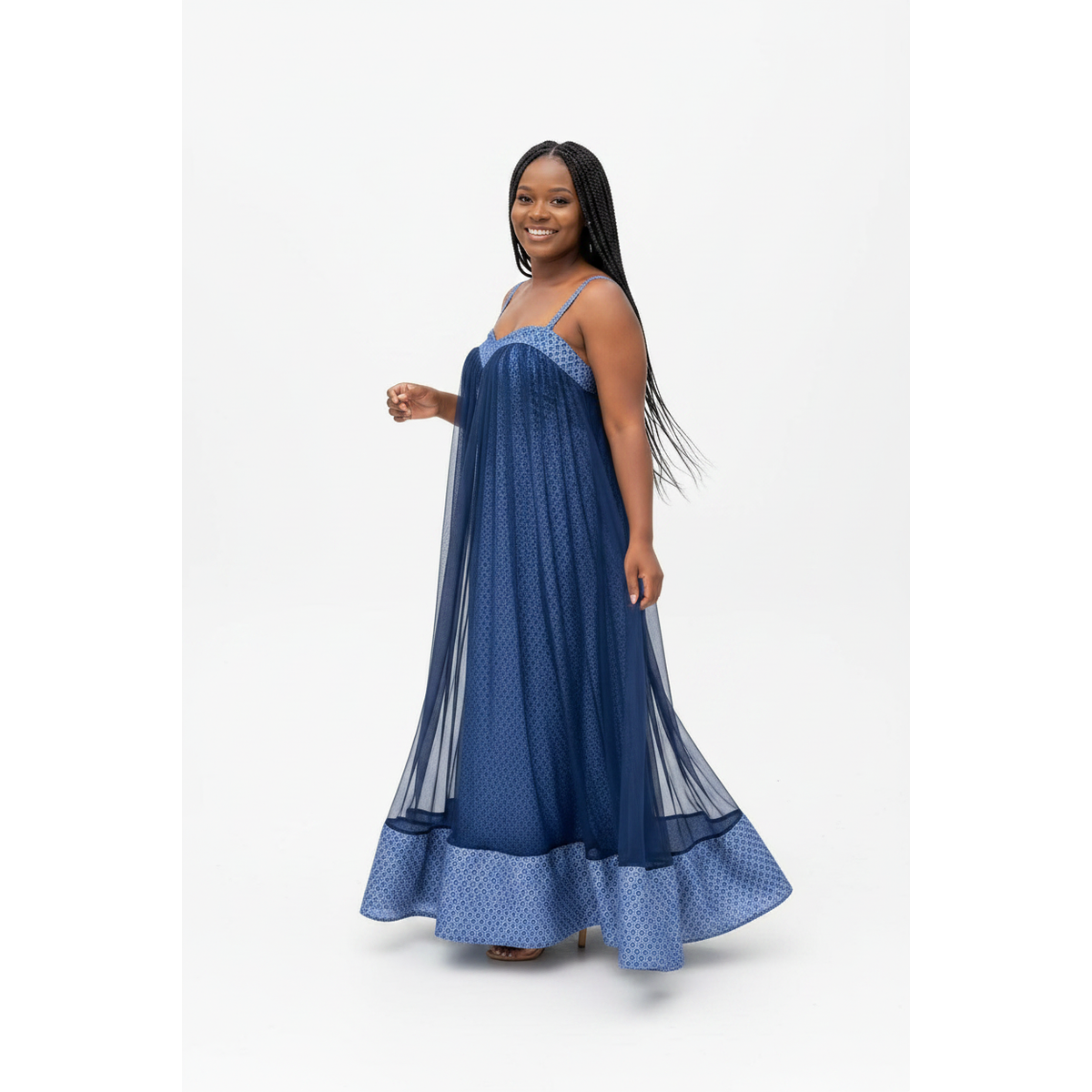 Sheer Overlay Flowy Blue Shweshwe Print Traditional Dress – view 2