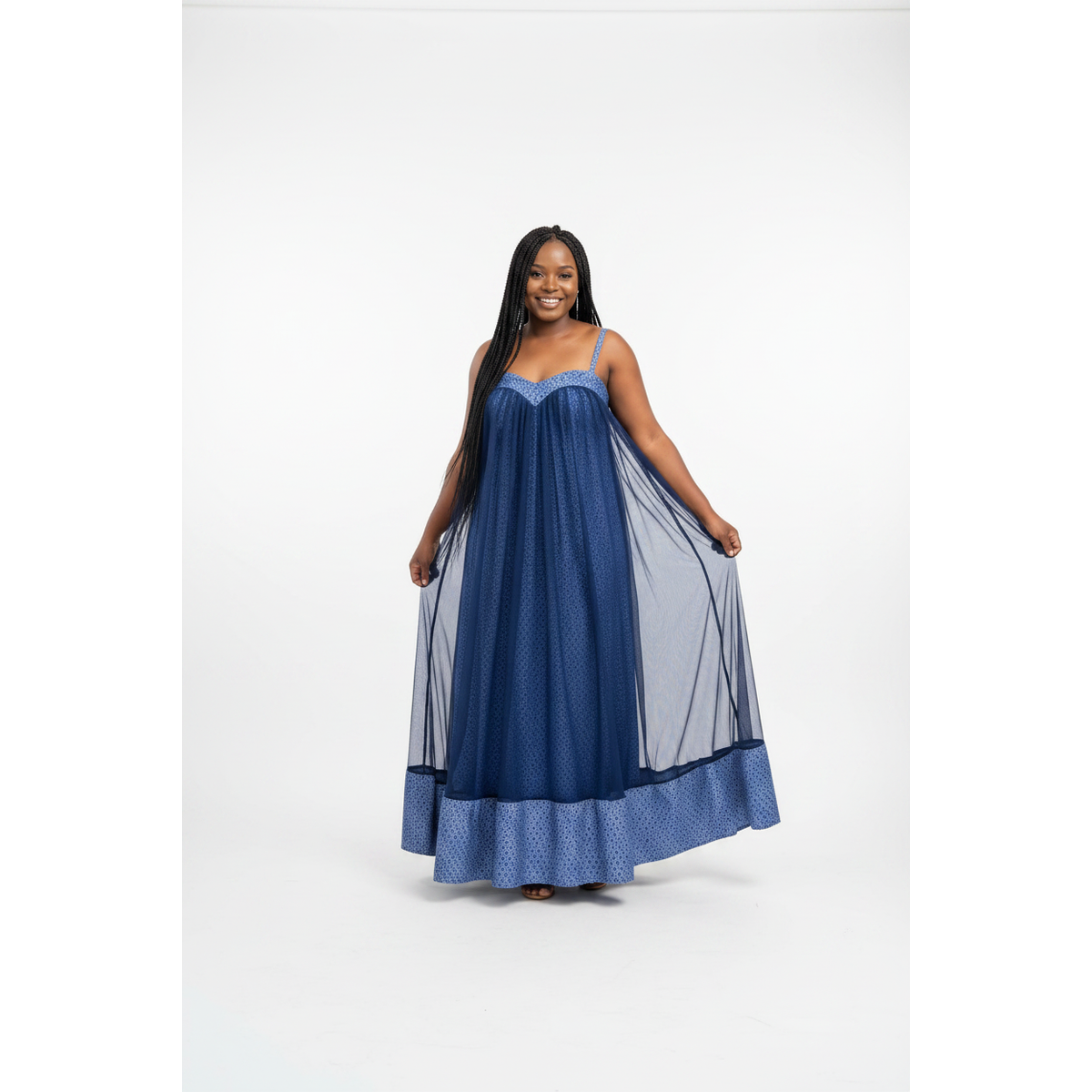 Sheer Overlay Flowy Blue Shweshwe Print Traditional Dress