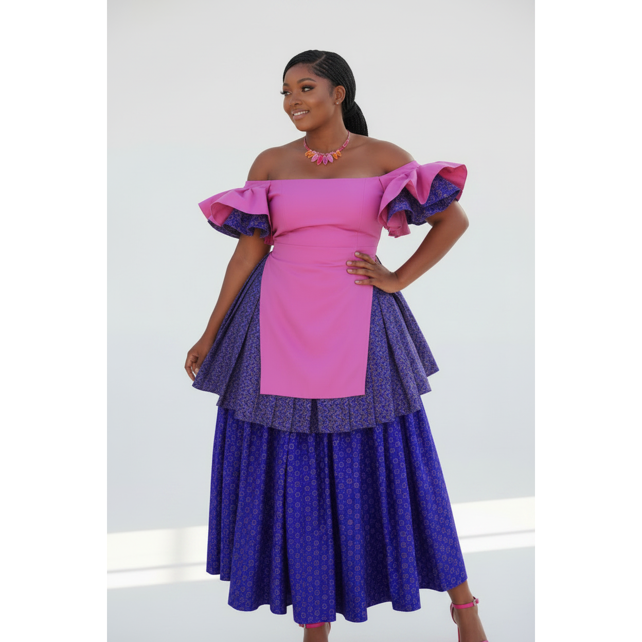 Multi-Tiered Off-Shoulder Ruffled Traditional Dress – Pink & Purple