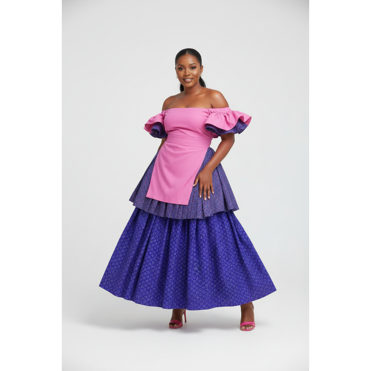 Multi-Tiered Off-Shoulder Ruffled Traditional Dress – Pink & Purple