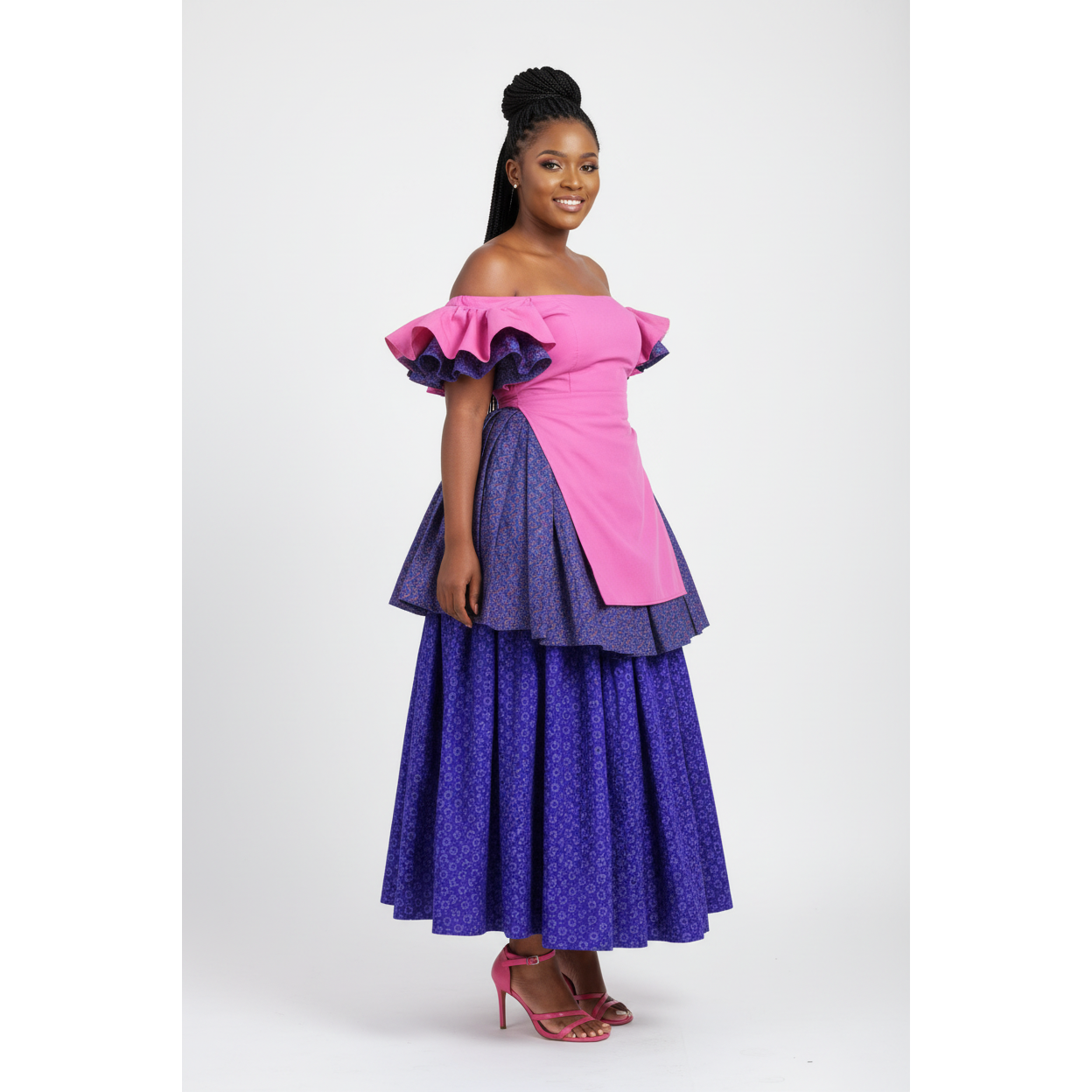 Multi-Tiered Off-Shoulder Ruffled Traditional Dress – Pink & Purple