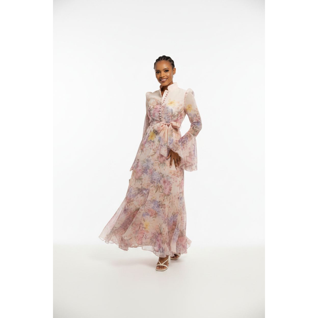 Elegant Floral Print Ruffle Cuff Maxi Dress