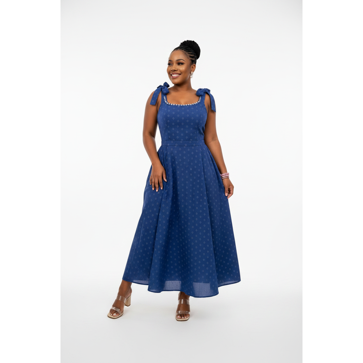Plus Size Pearl Trim Shoulder Tie Dress