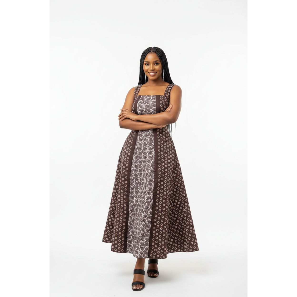 Square-Neck Geometric Panel Shweshwe Maxi Dress
