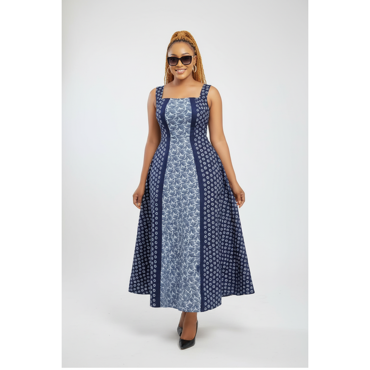 Square-Neck Geometric Panel Shweshwe Maxi Dress