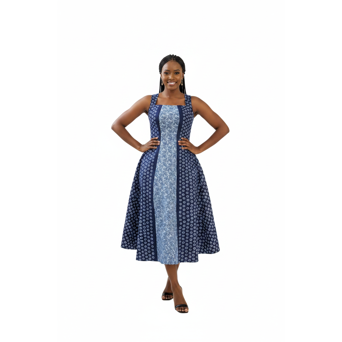 Square-Neck Geometric Panel Shweshwe Maxi Dress