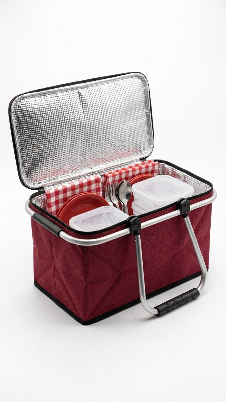 Collapsible Insulated Picnic Cooler Basket with Aluminum Frame