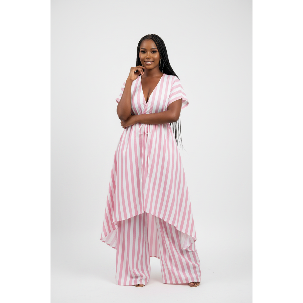Women's Striped High-Low Tunic & Wide-Leg Pants Co-Ord Set