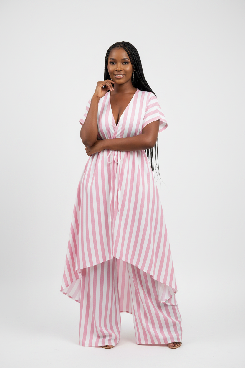 Women's Striped High-Low Tunic & Wide-Leg Pants Co-Ord Set
