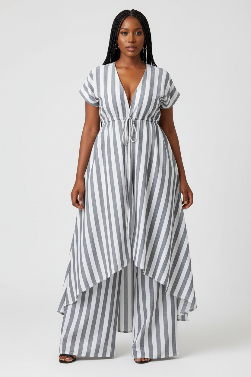 Women's Striped High-Low Tunic & Wide-Leg Pants Co-Ord Set