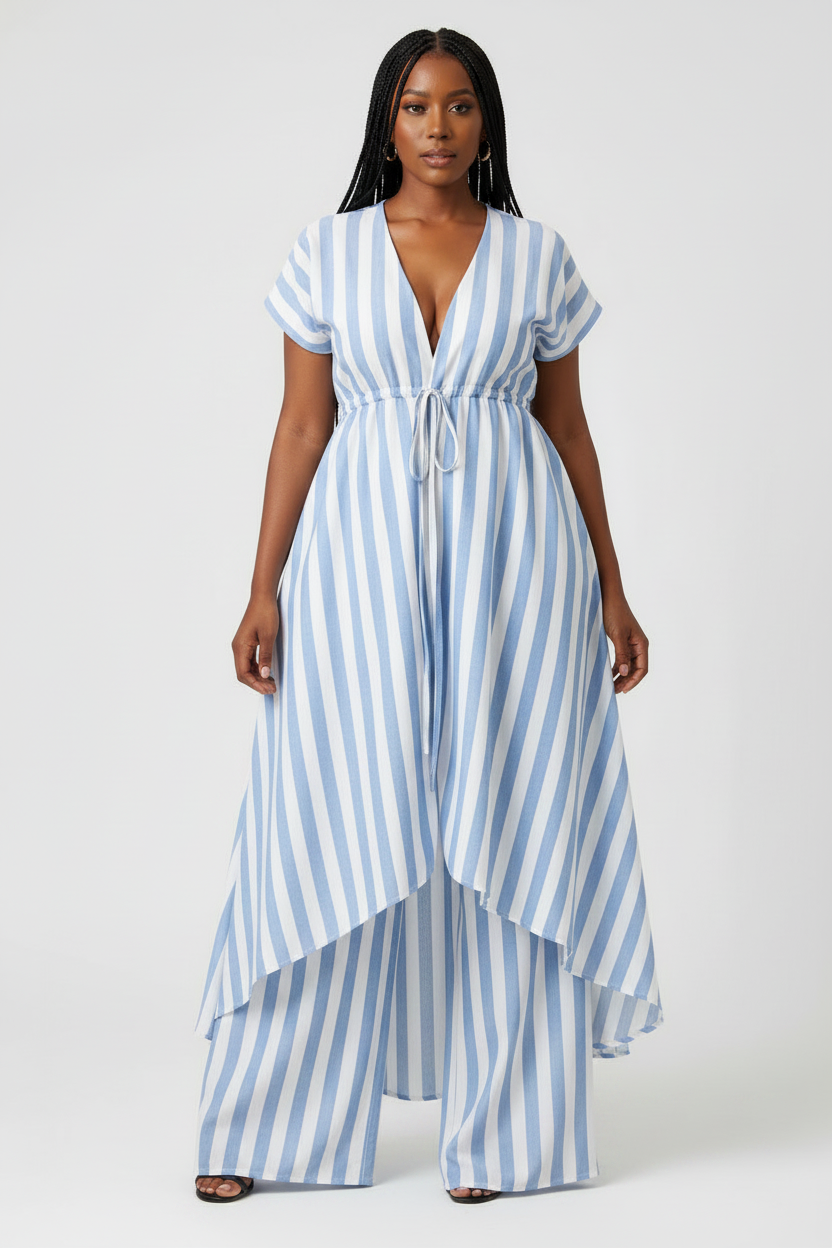 Women's Striped High-Low Tunic & Wide-Leg Pants Co-Ord Set
