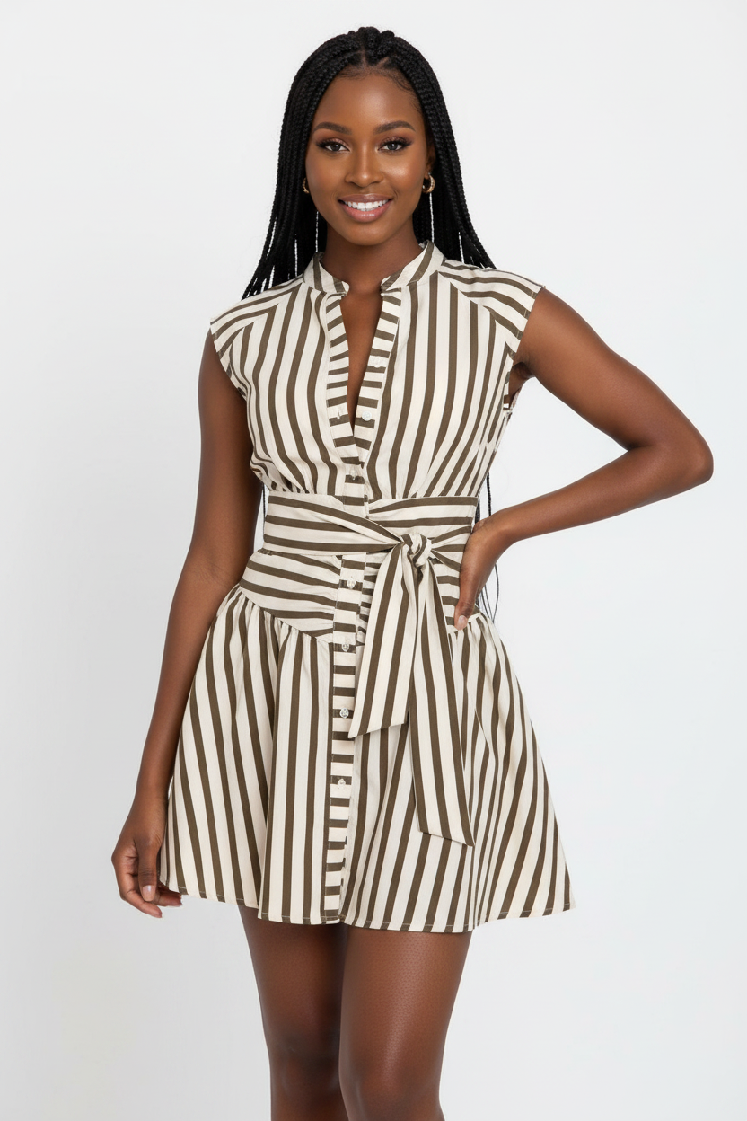 Women's Striped Ruched Waist Mini Shirt Dress