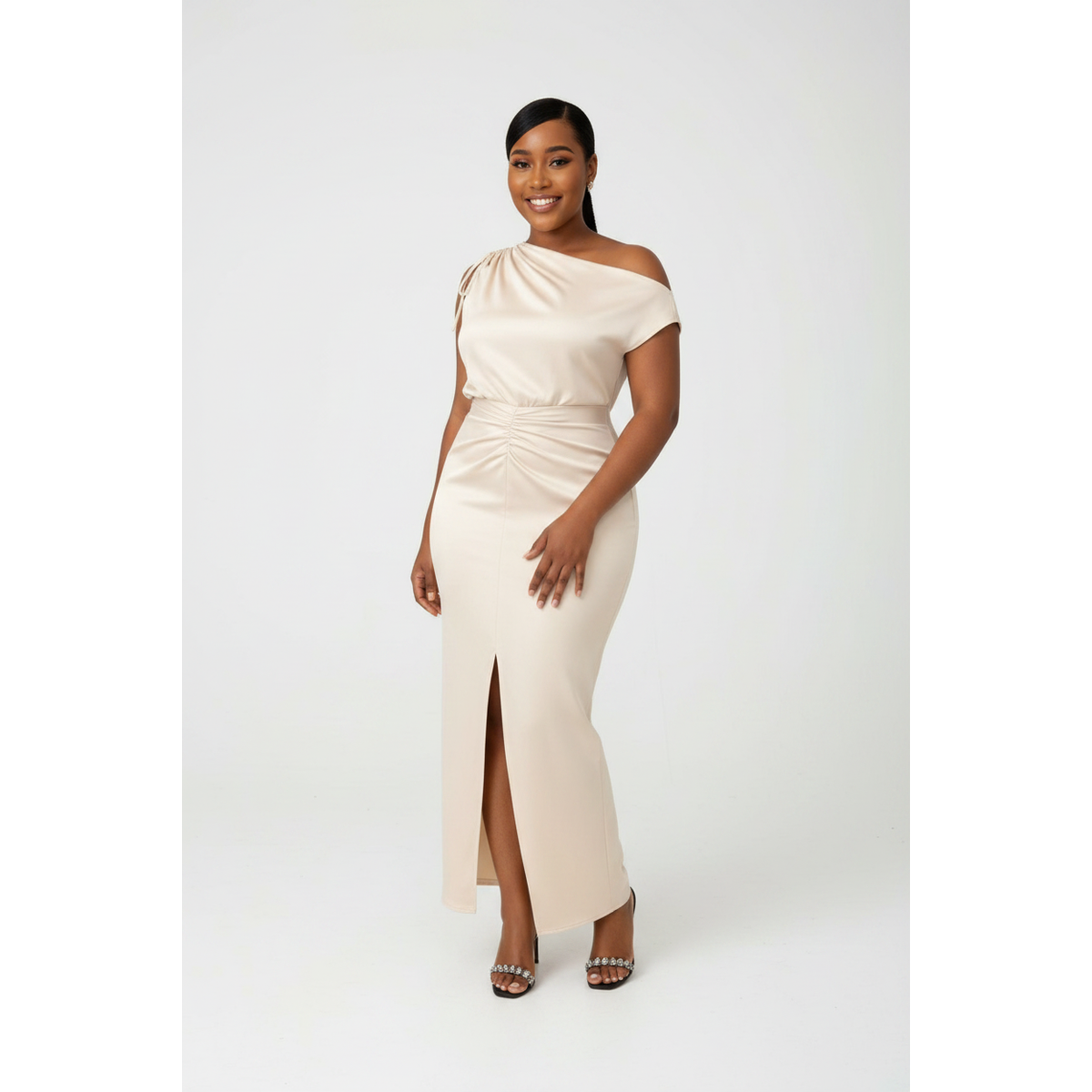 Women's One-Shoulder Ruched Satin Maxi Dress