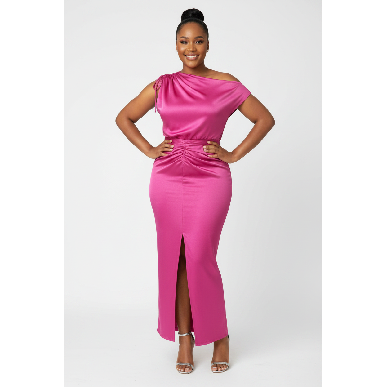 Women's One-Shoulder Ruched Satin Maxi Dress