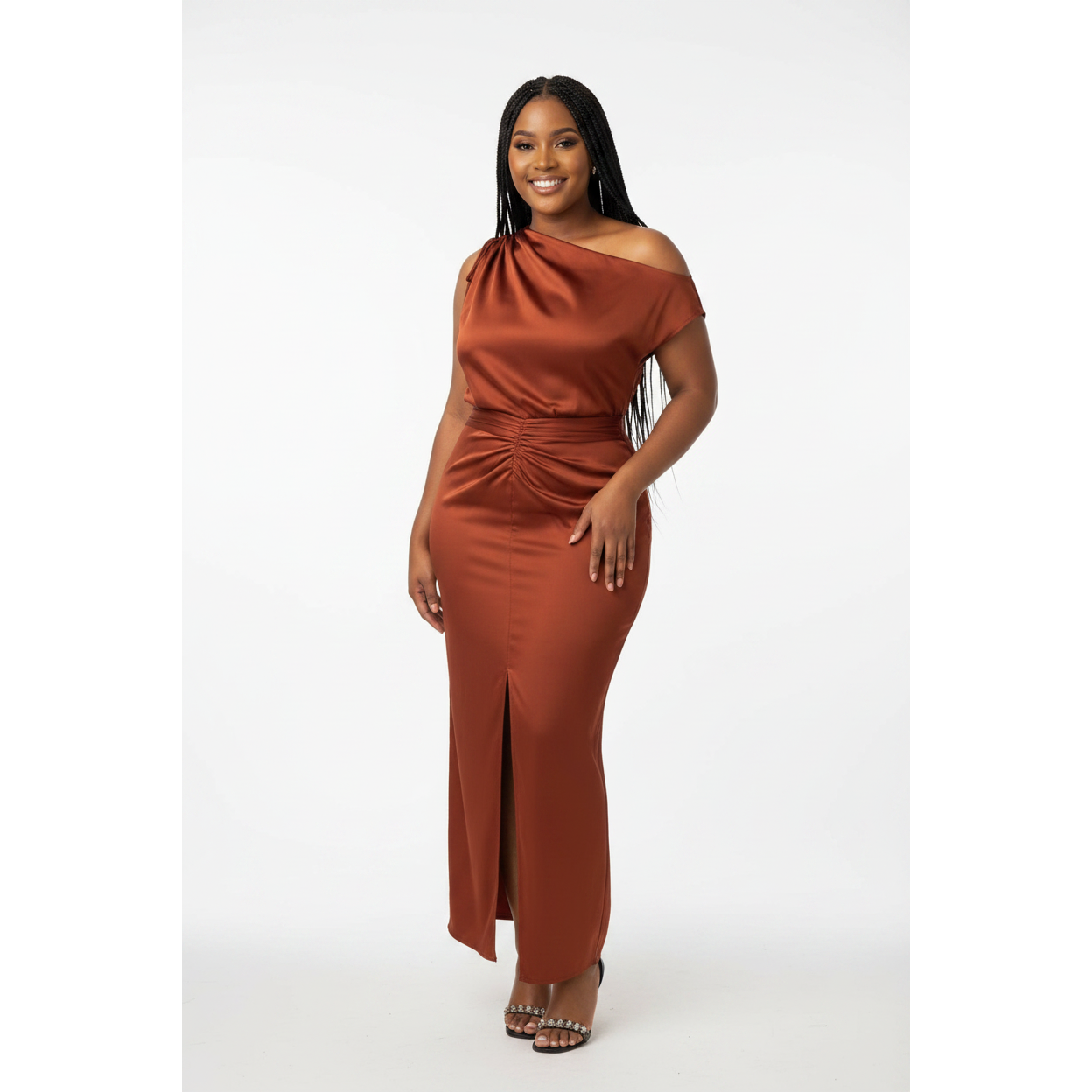 Women's One-Shoulder Ruched Satin Maxi Dress