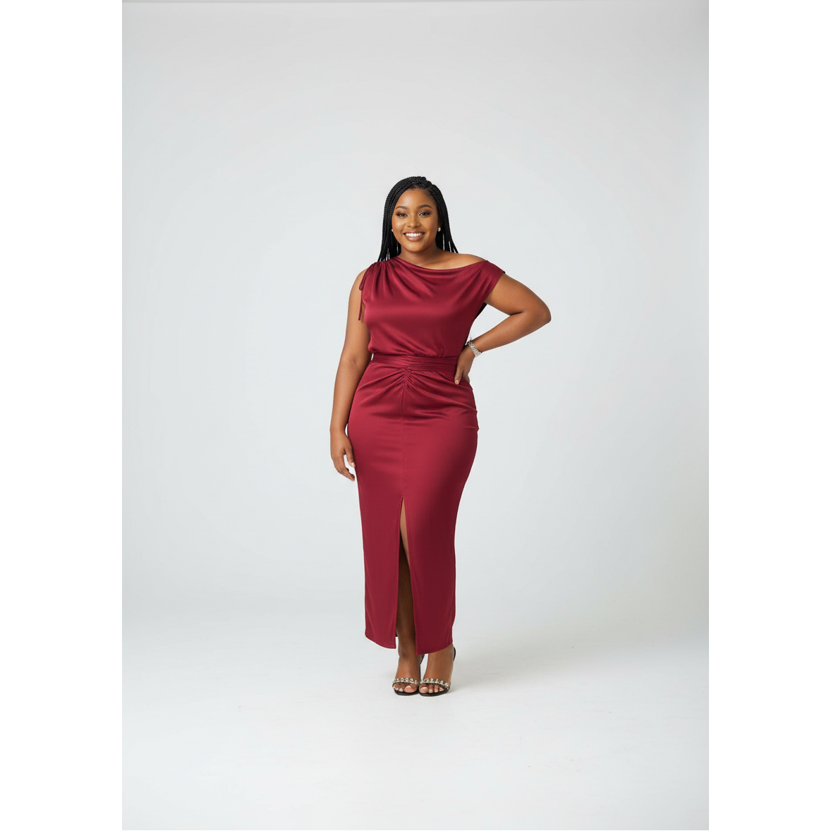 Women's One-Shoulder Ruched Satin Maxi Dress