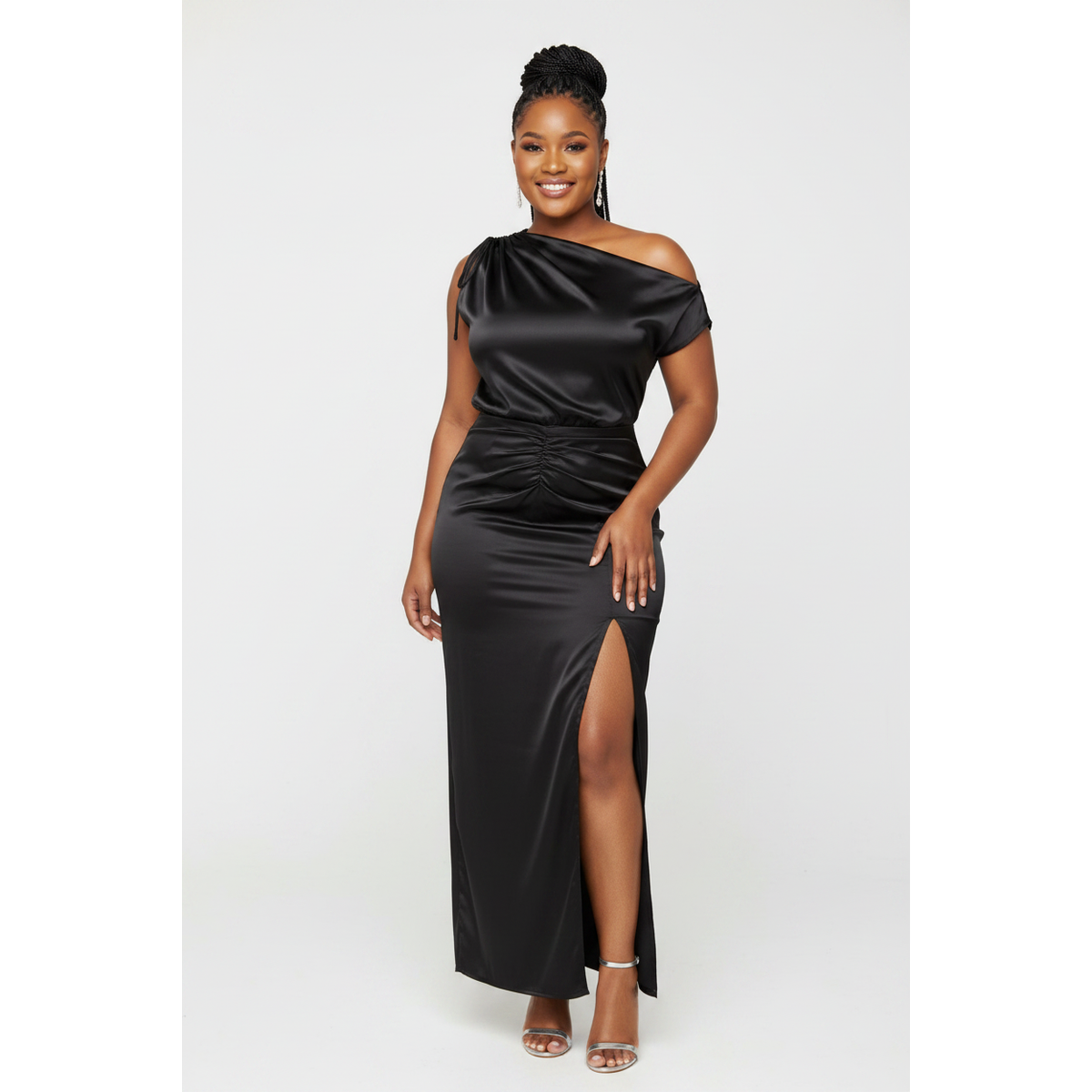 Women's One-Shoulder Ruched Satin Maxi Dress