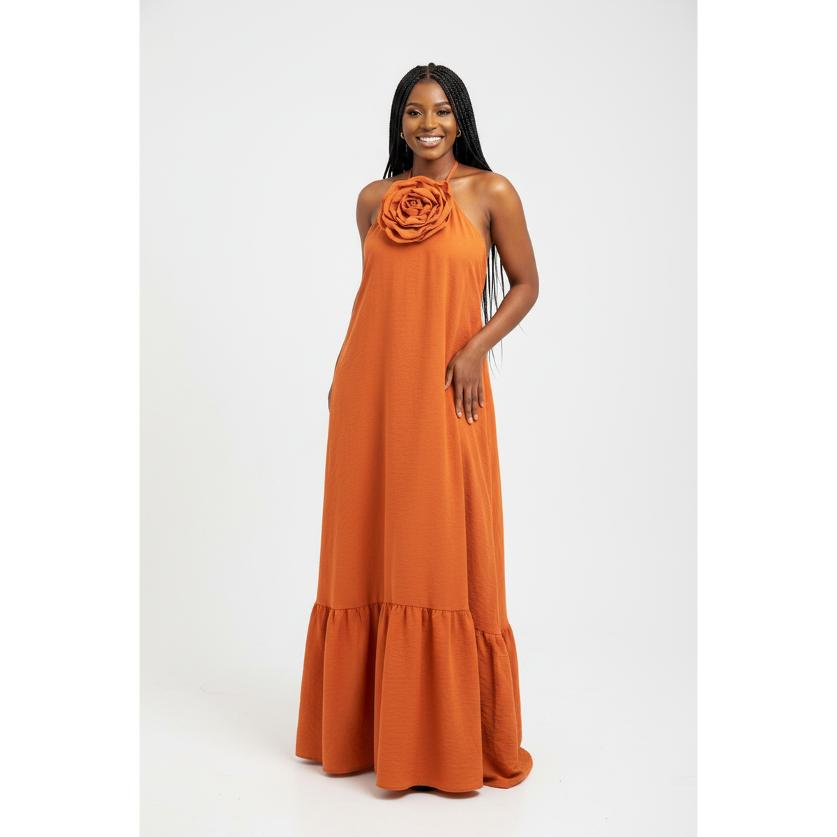 Women's Floral Appliqué Halter Neck Ruffle Hem Maxi Dress