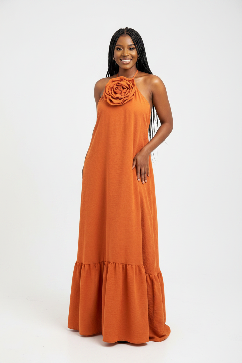 Women's Floral Appliqué Halter Neck Ruffle Hem Maxi Dress