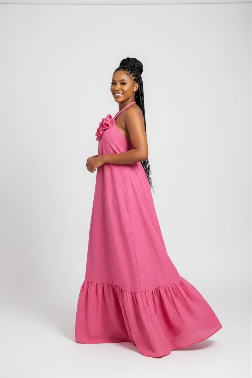 Women's Floral Appliqué Halter Neck Ruffle Hem Maxi Dress