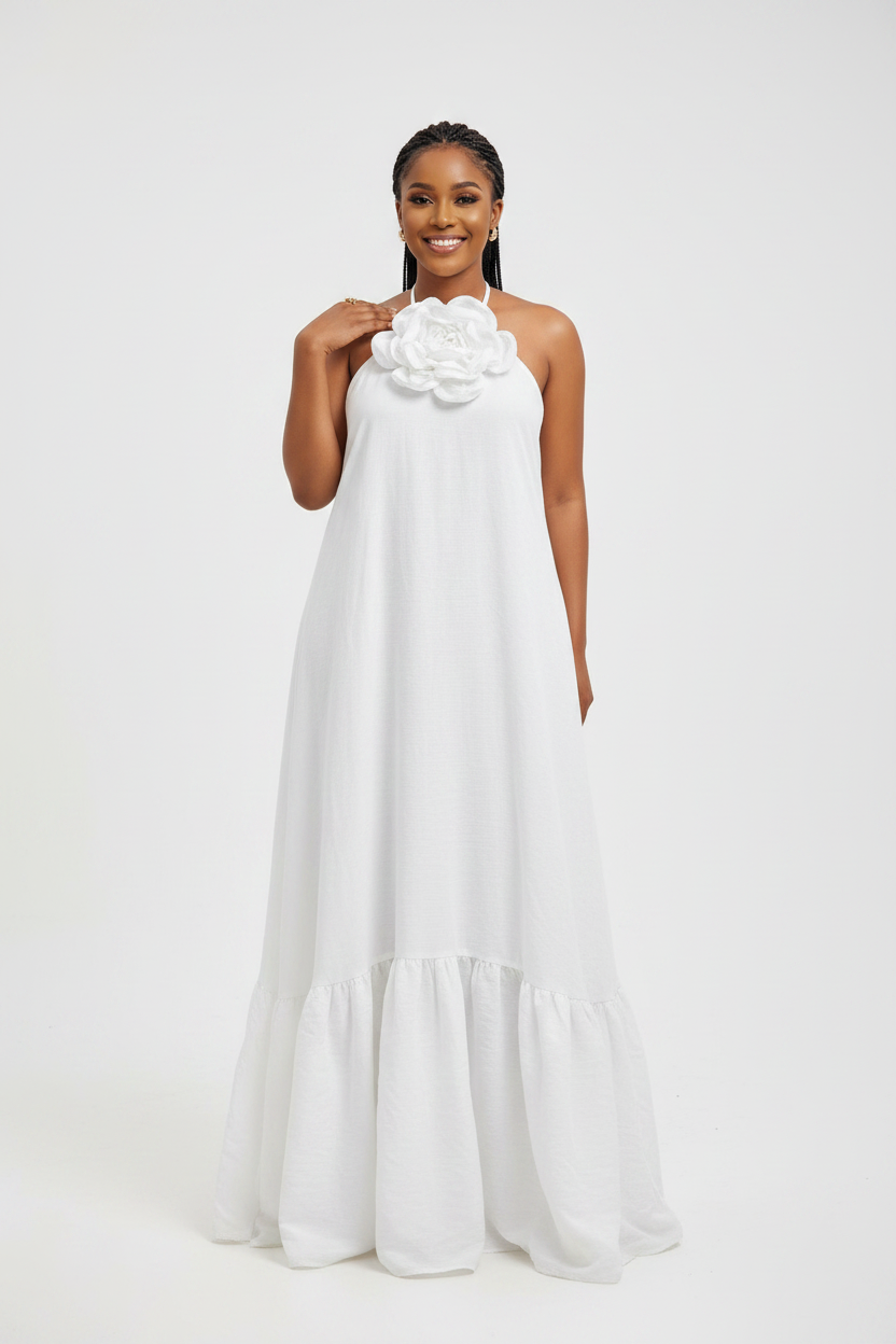 Women's Floral Appliqué Halter Neck Ruffle Hem Maxi Dress