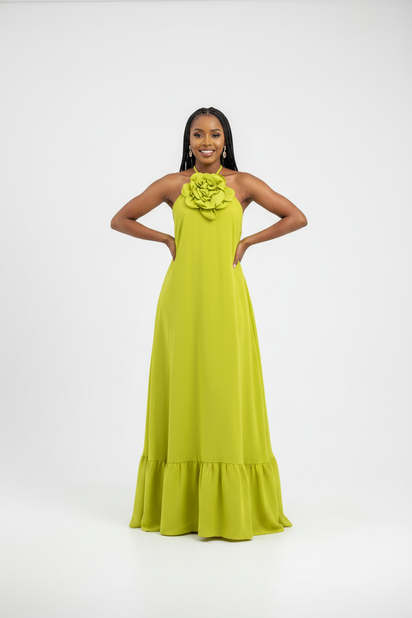 Women's Floral Appliqué Halter Neck Ruffle Hem Maxi Dress