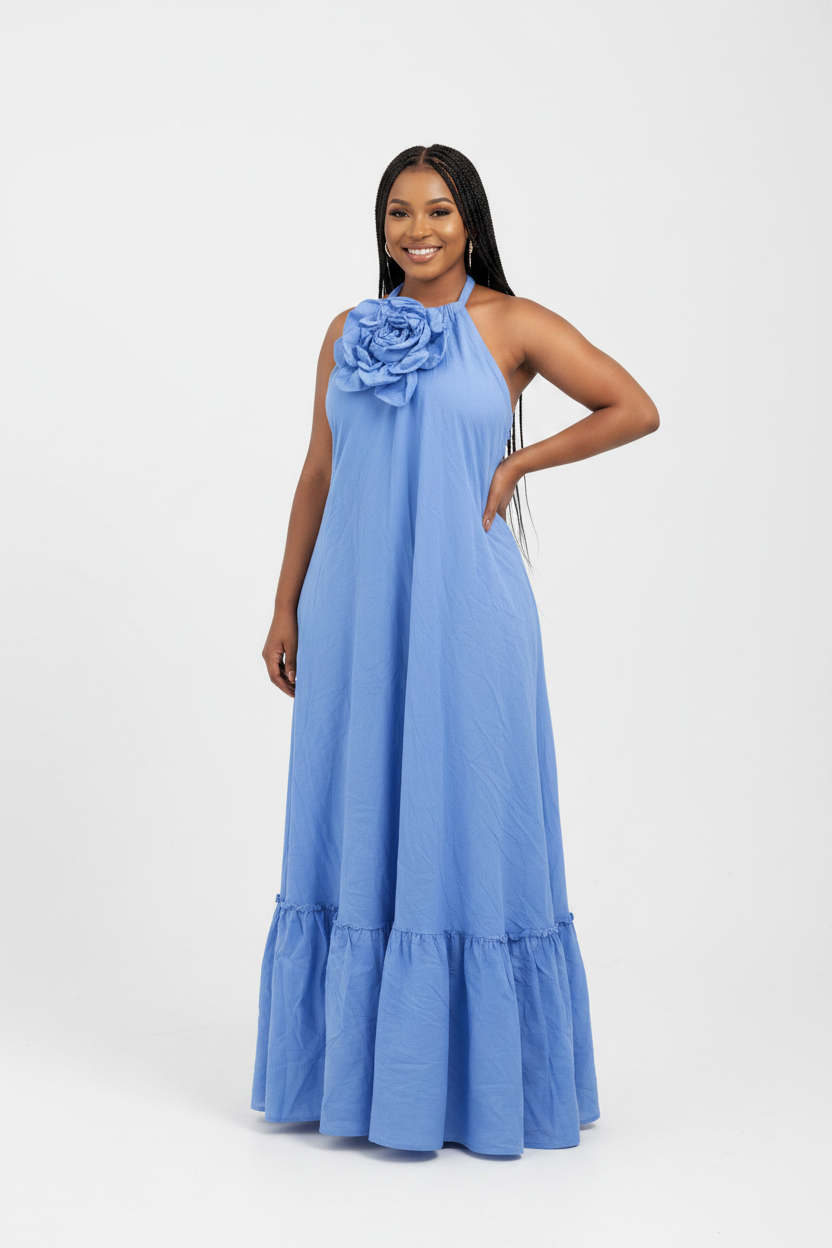 Women's Floral Appliqué Halter Neck Ruffle Hem Maxi Dress