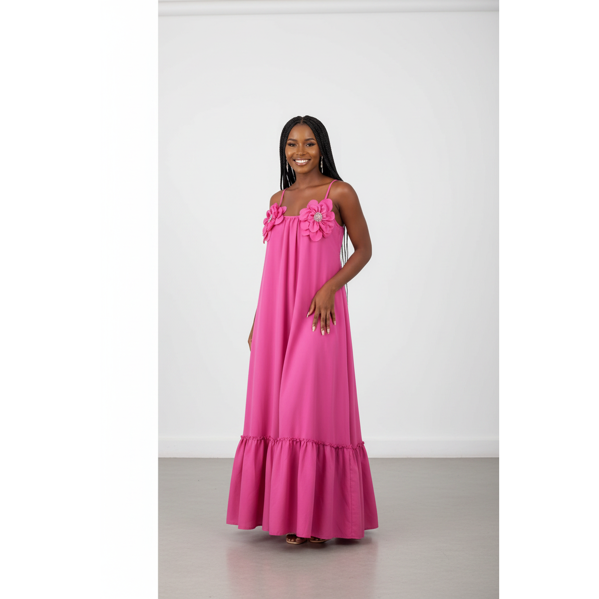 Women's Floral Appliqué Ruffle Hem Maxi Dress