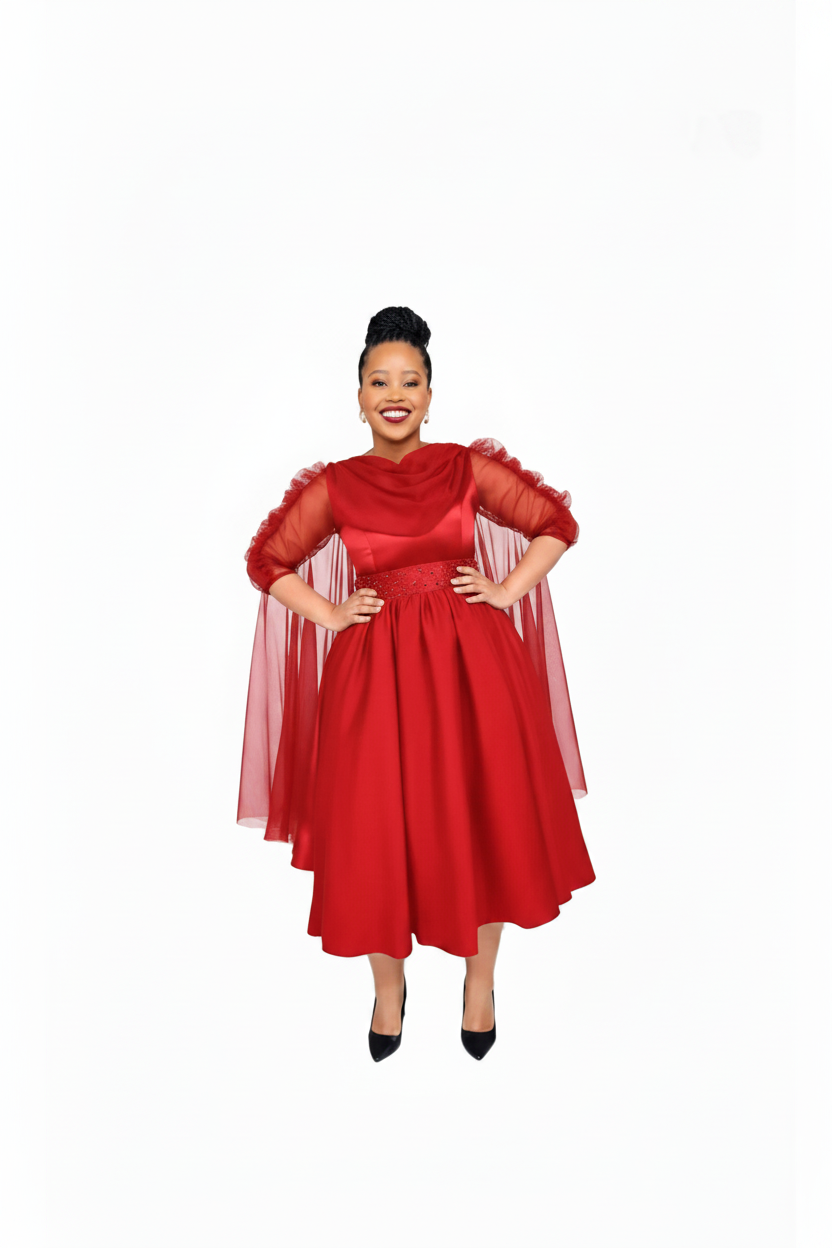 Women's Elegant Satin Cape Sleeve Midi Dress