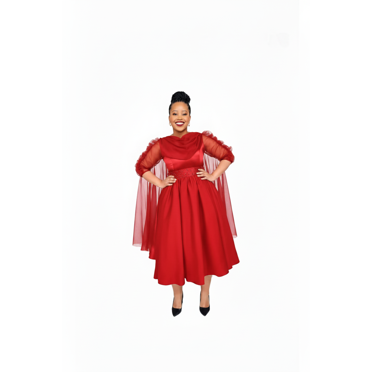 Women's Elegant Satin Cape Sleeve Midi Dress – view 2
