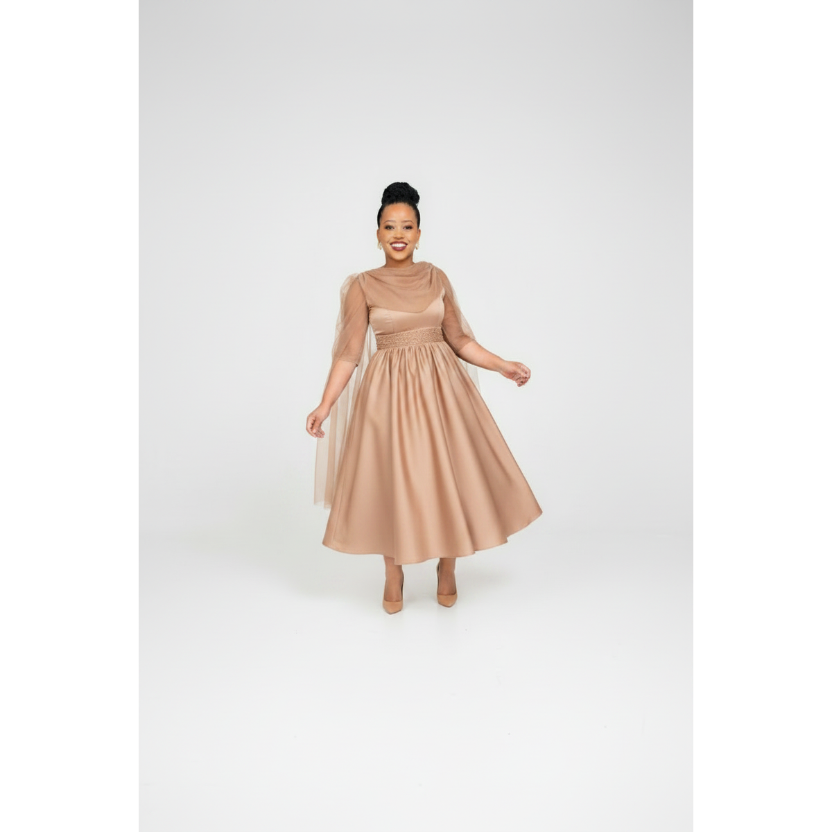 Women's Elegant Satin Cape Sleeve Midi Dress