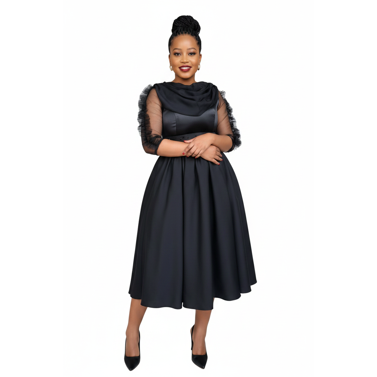 Women's Elegant Satin Cape Sleeve Midi Dress