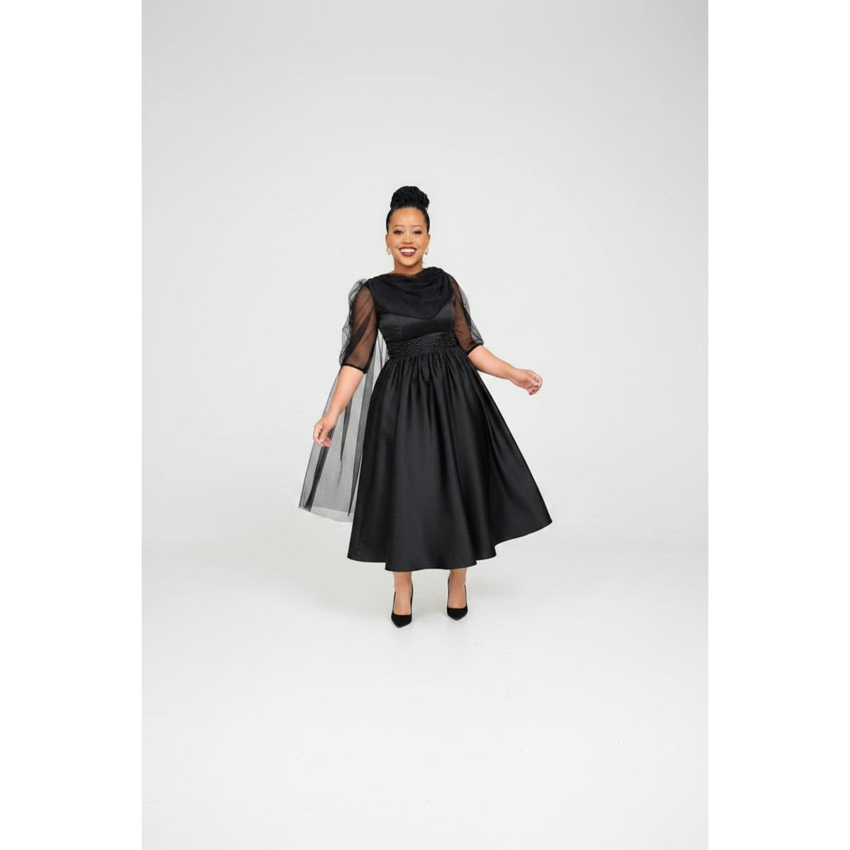 Women's Elegant Satin Cape Sleeve Midi Dress