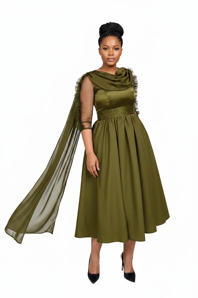 Women's Elegant Satin Cape Sleeve Midi Dress