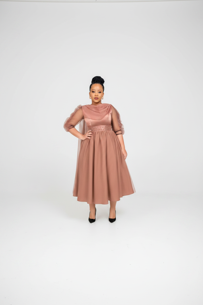 Women's Elegant Satin Cape Sleeve Midi Dress
