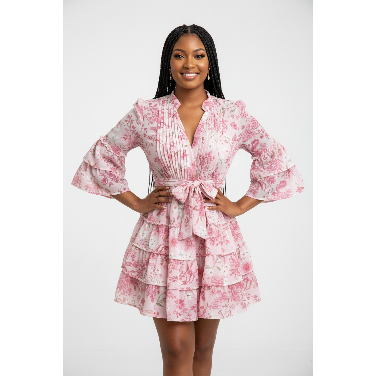Floral Print Belted Tiered Mini Dress