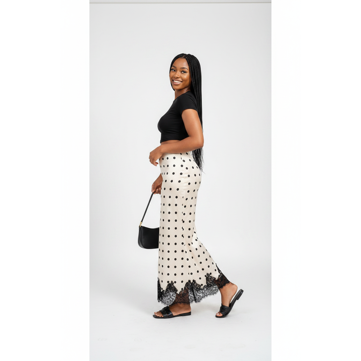 Women's Polka Dot Satin Lace Hem Maxi Skirt