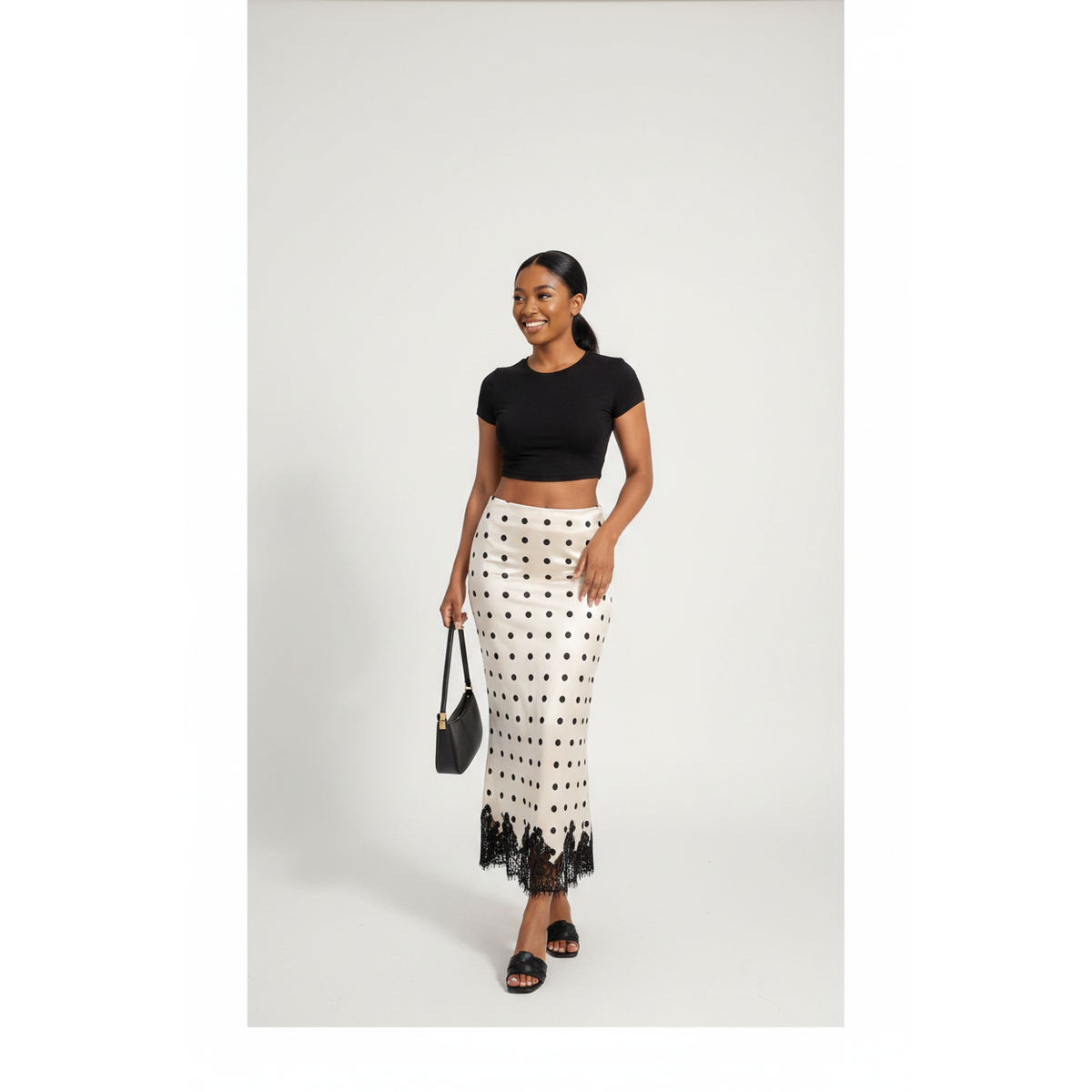 Women's Polka Dot Satin Lace Hem Maxi Skirt