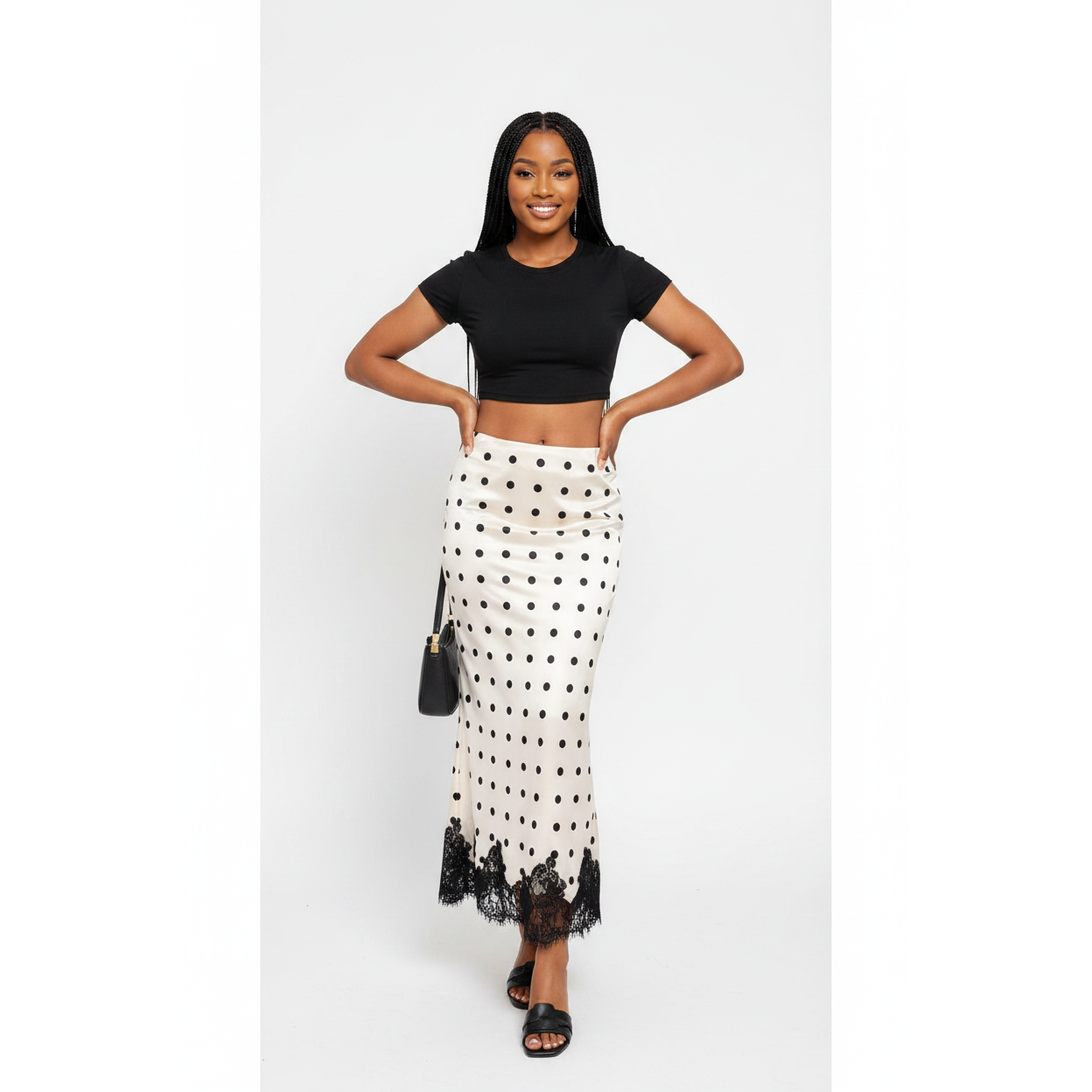 Women's Polka Dot Satin Lace Hem Maxi Skirt