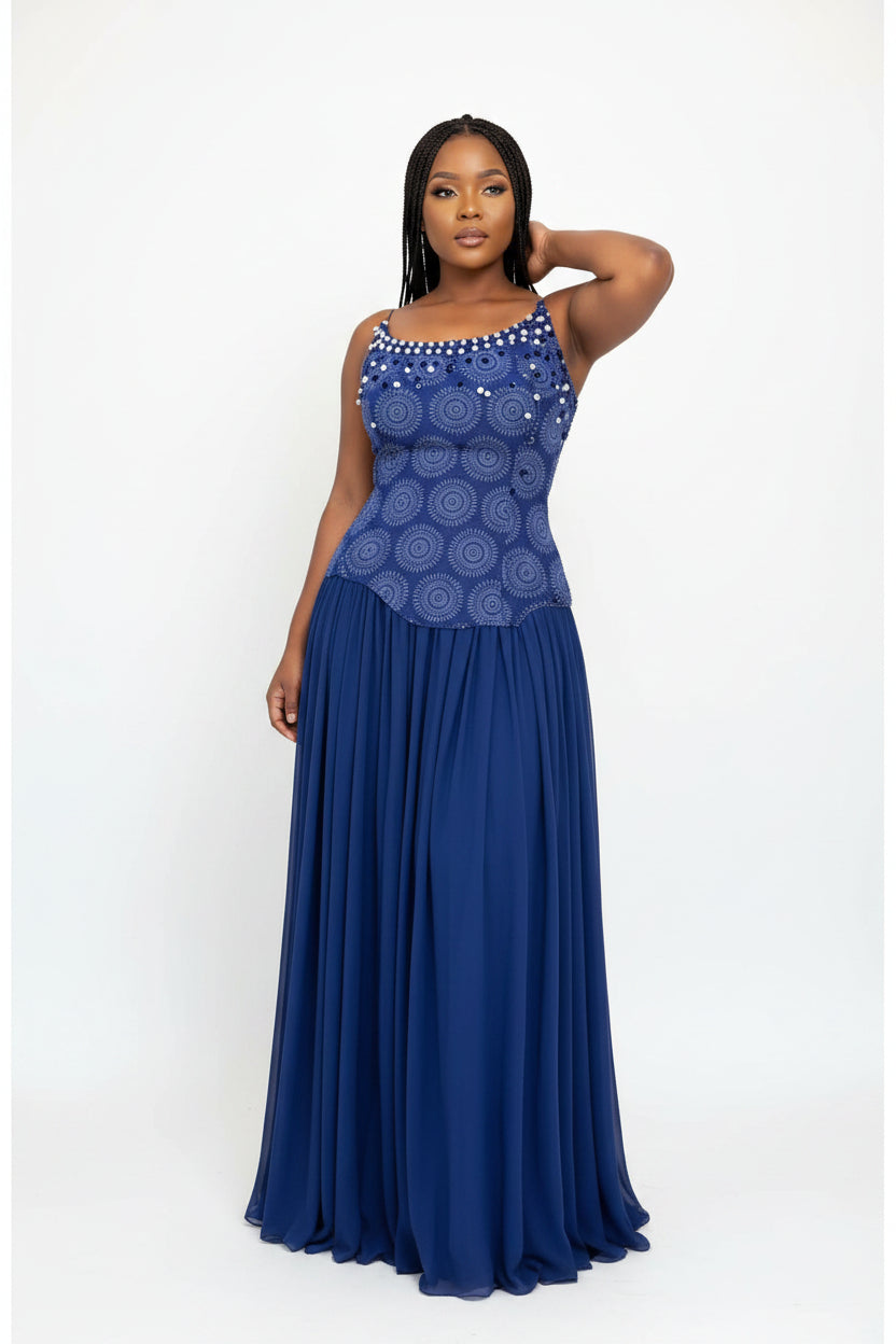 Royal Blue Embellished Bodice Traditional Maxi Dress