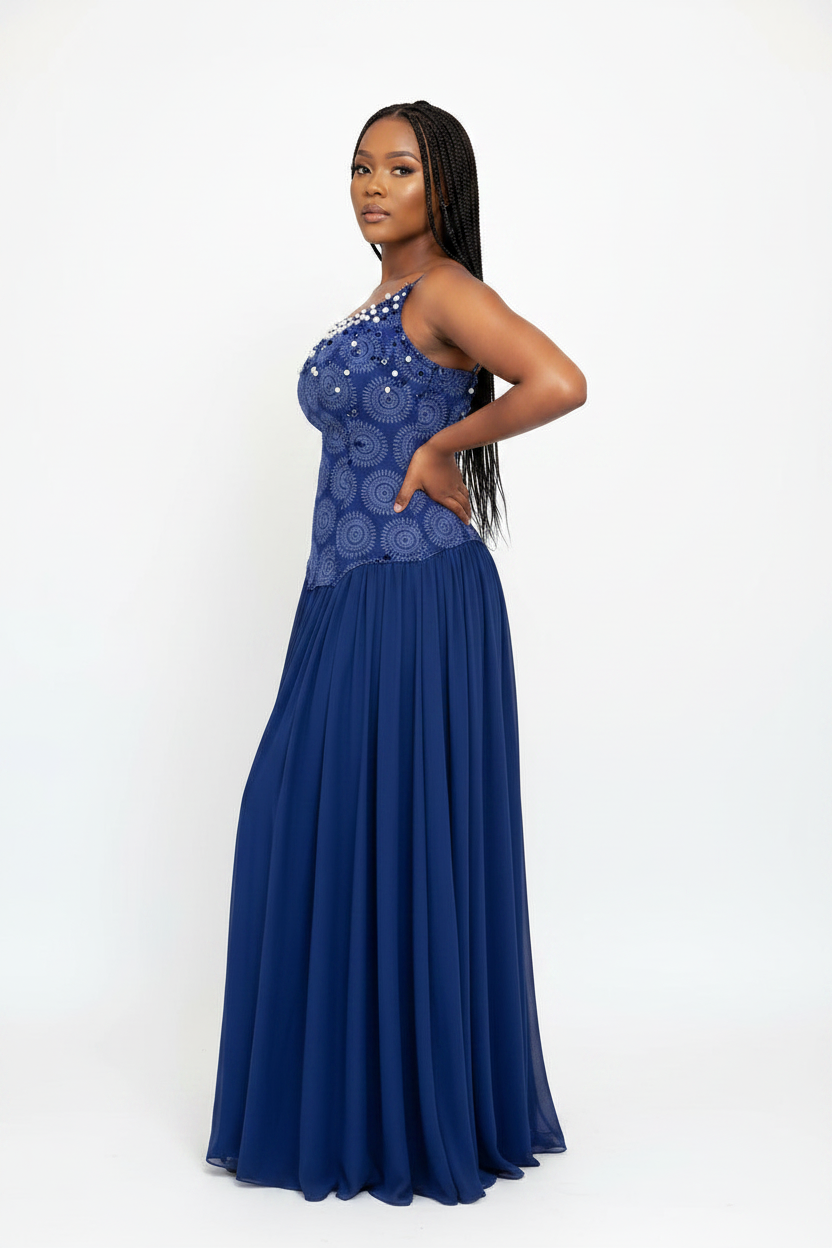 Royal Blue Embellished Bodice Maxi Dress – Evening Gown