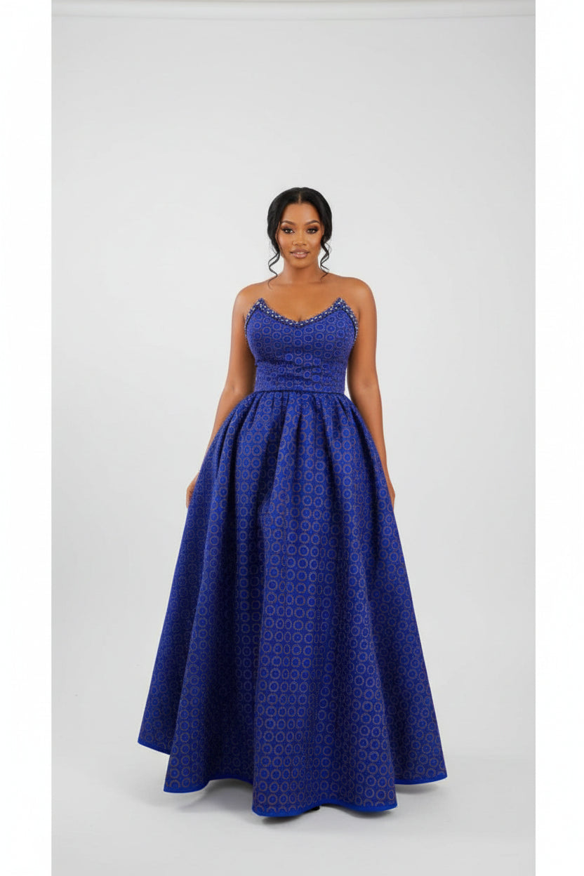 Royal Blue African Print Maxi Dress – Embellished Traditional Style